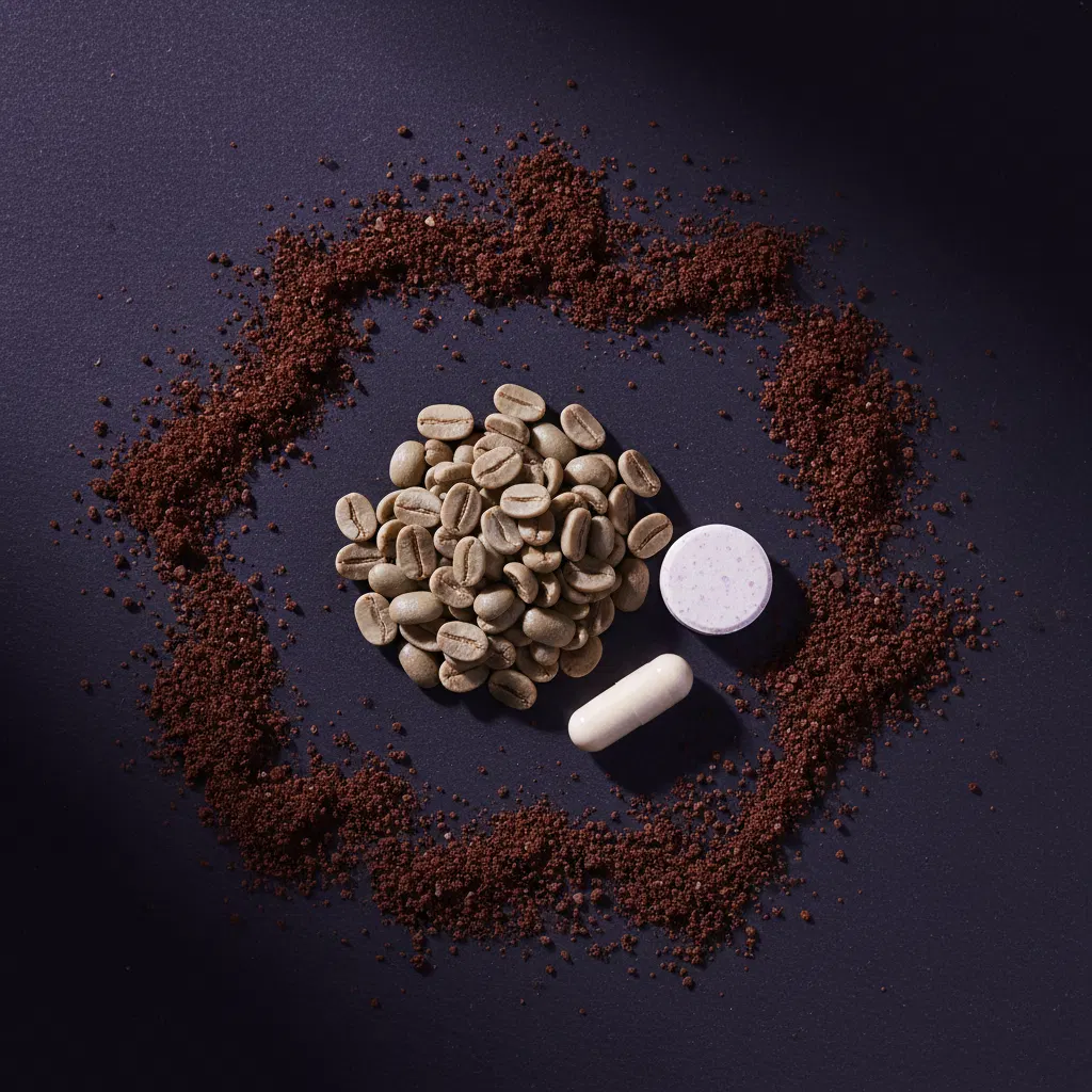 Natürliche Inhaltsstoffe: grüne Kaffeebohnen, L-Carnitin, B-Vitamine auf dunklem Untergrund