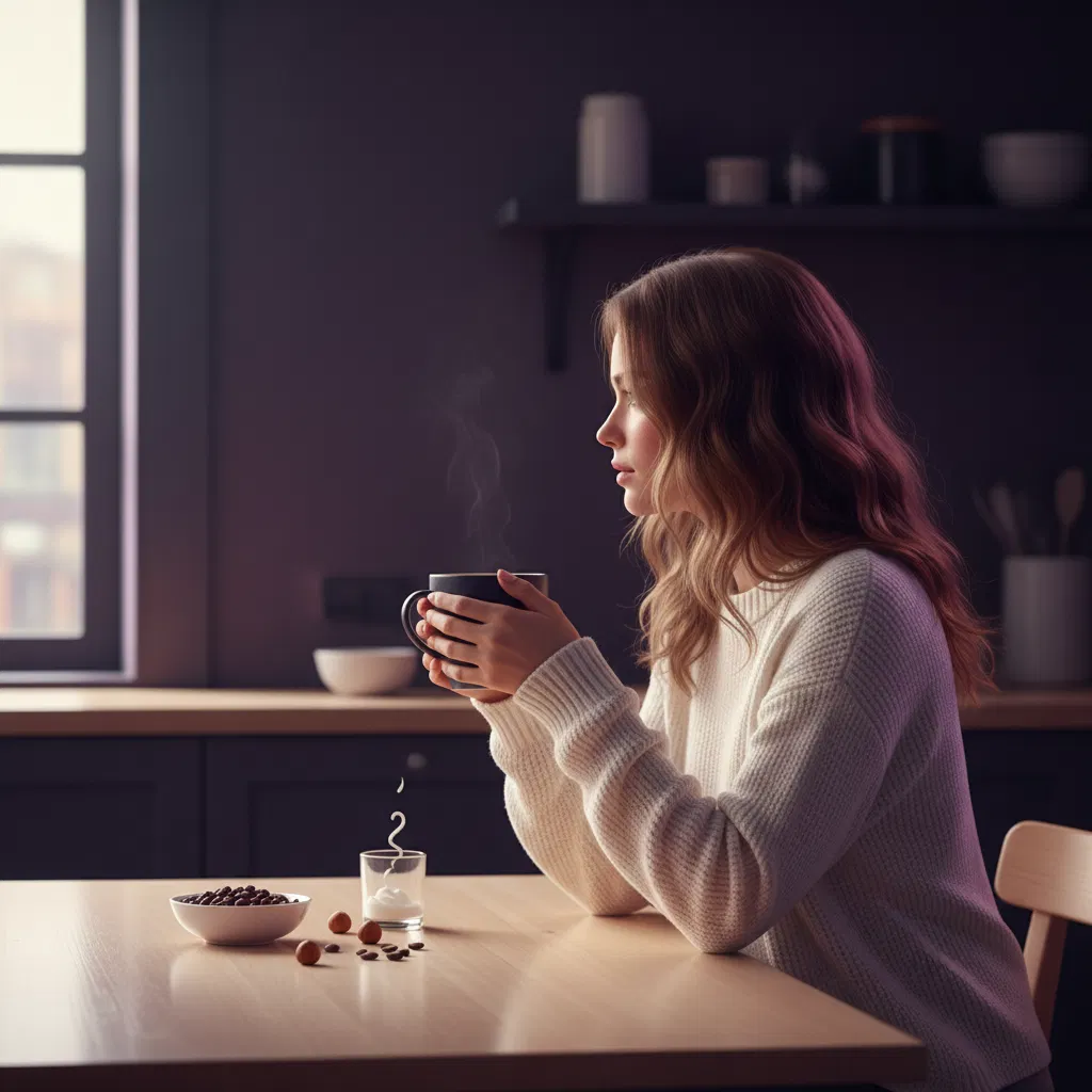 Person von hinten mit Kaffeetasse am Morgentisch - aktiver Alltag mit Kaffee-Supplement