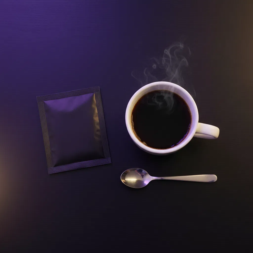 Kaffee-Sachet neben weißer Tasse auf dunklem Tisch - Morgenroutine mit funktionellem Kaffee